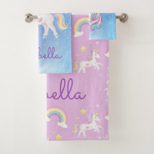 Cute Girls Magical Unicorn Rainbow Personalised Bath Towel Set