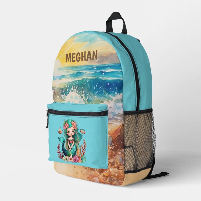 Cute girls mermaid add name printed backpack (Back Corner Right)