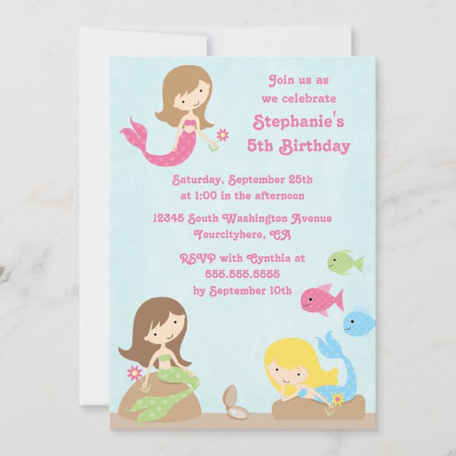 Cute girl's mermaids birthday party invitation (Front)