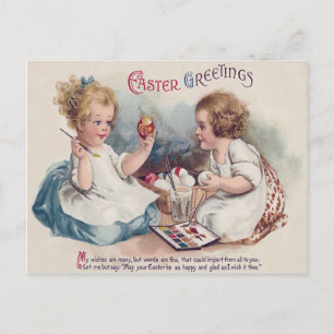 Cute Girls Painting Easter Eggs Holiday Postcard
