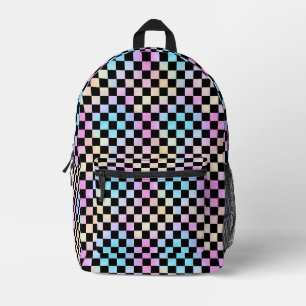 Cute Girls Pastel Rainbow Black Chequered Pattern Printed Backpack