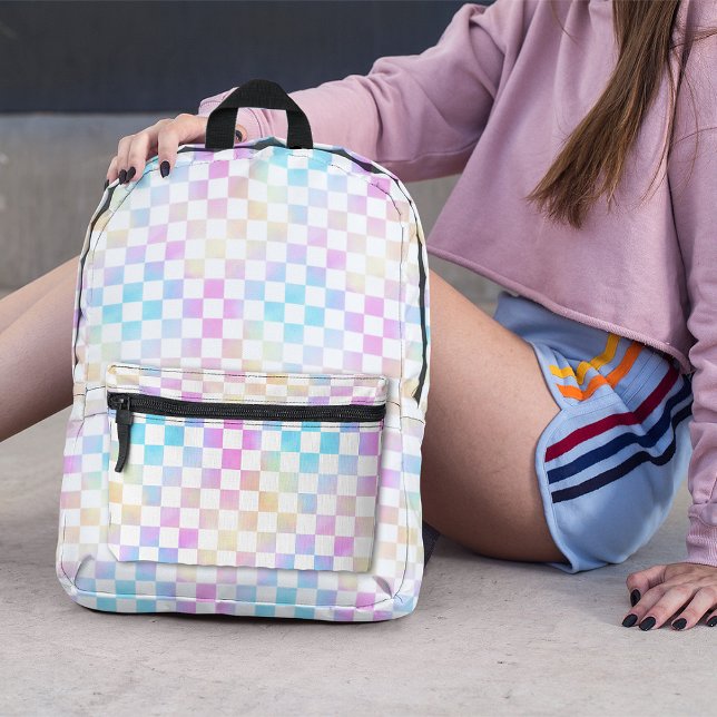 Cute Girls Pastel Rainbow Chequered Plaid Printed Backpack (Creator Uploaded)