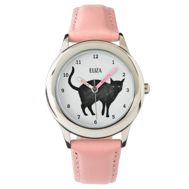 Cute Girls Pink Black Cat Animal Kids Kitty Kitten Watch (Front)