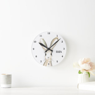 Cute Girls Pink Bunny Rabbit Animal Kids Floral Round Clock