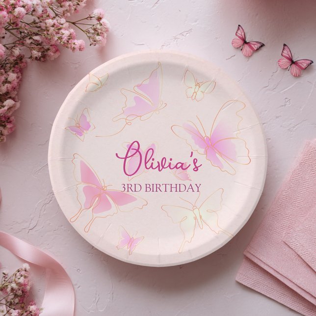 Cute Girls Pink Butterfly Birthday Paper Plate (Creator Uploaded)