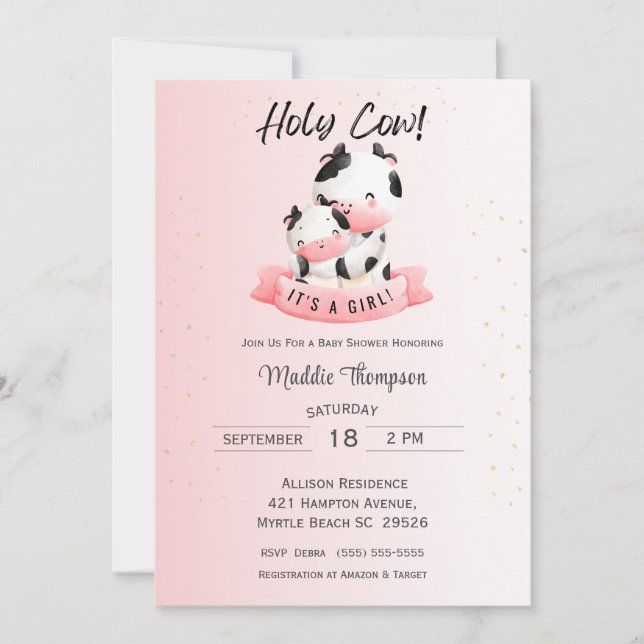 Cute Girls Pink Cow Mum and Baby Shower     Invitation (Front)