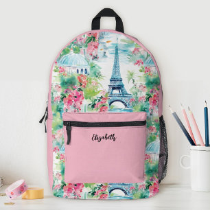 Cute Girls Pink Eiffel Tower Floral School Printed Backpack