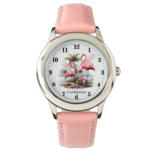 Cute girls pink flamingo add name  watch
