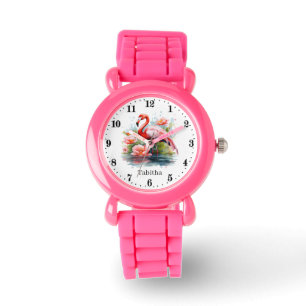 Cute girls pink flamingo add name watch