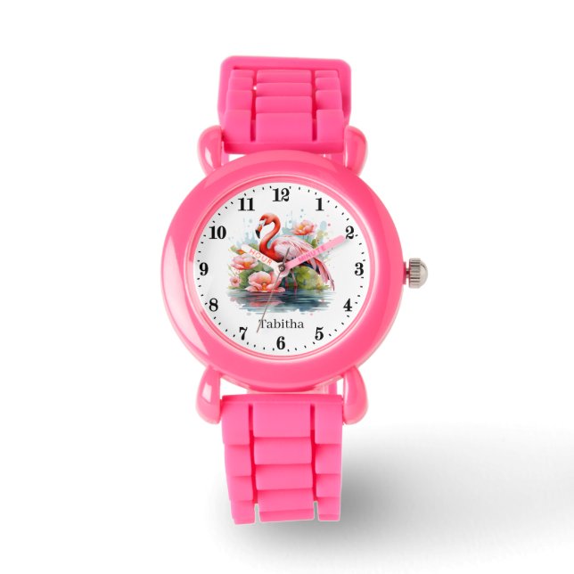 Cute girls pink flamingo add name watch (Front)