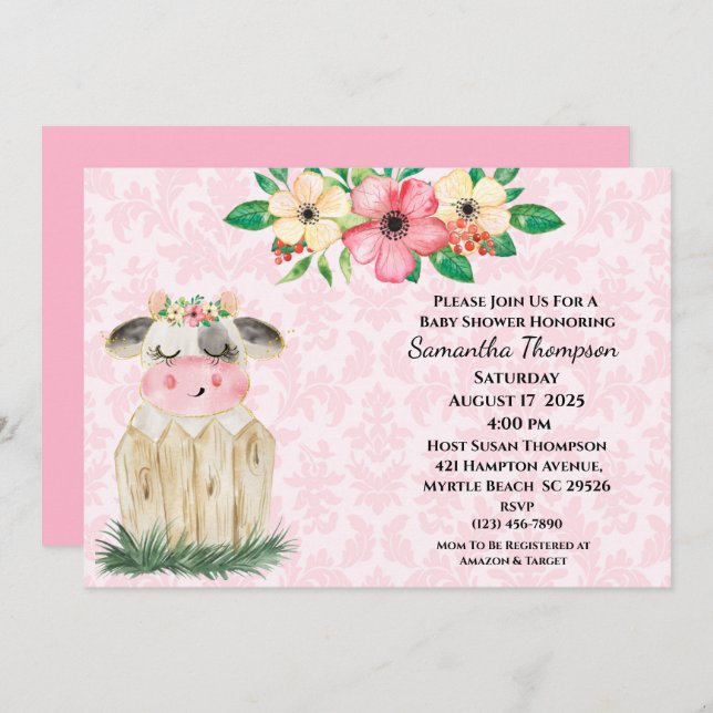 Cute Girls Pink Floral Cow Baby Shower Invitation (Front/Back)