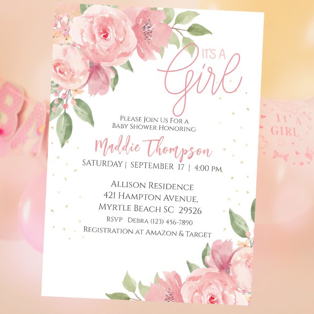 Cute Girls Pink Gold Floral Baby Shower     Invitation (Creator Uploaded)