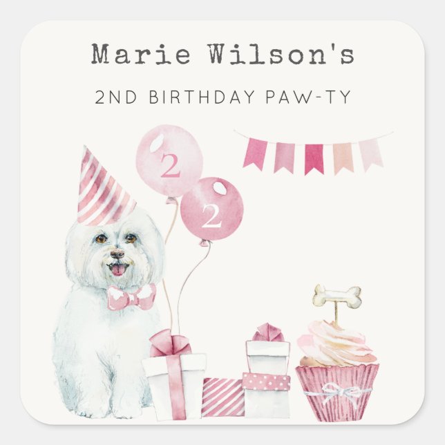 Cute Girls Pink Party Puppy Dog Any Age Birthday  Square Sticker (Front)
