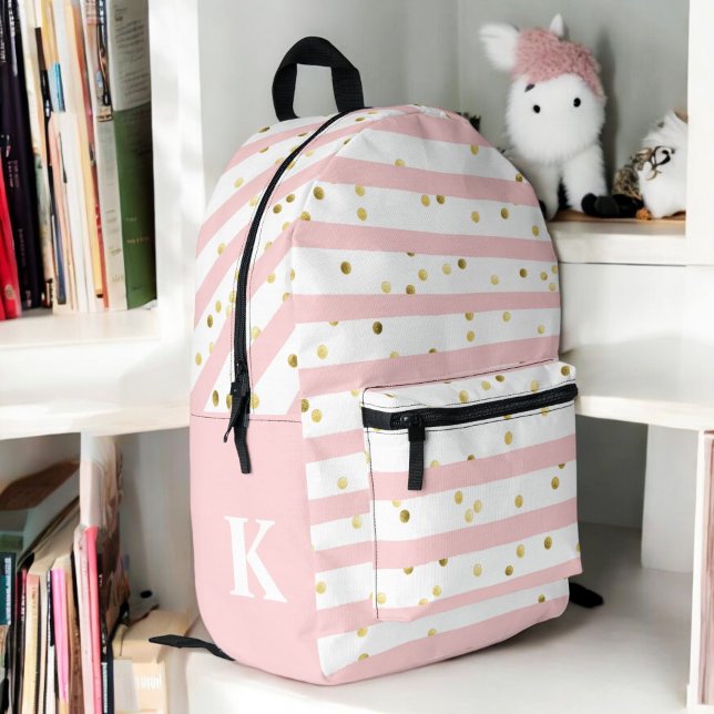 Cute Girl's Pink Stripes and Dots with Monogram Printed Backpack (Personalize with your monogram initial.)