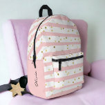 Cute Girl's Pink Stripes and Dots with Name Printed Backpack<br><div class="desc">A fun pattern for girls with horizontal pink and white stripes with golden dots scattered about make this a cute choice in backpacks. A text template along the left side of the design spells out your name or other desired text. Simply personalise the sample text as you wish. Stylish and...</div>