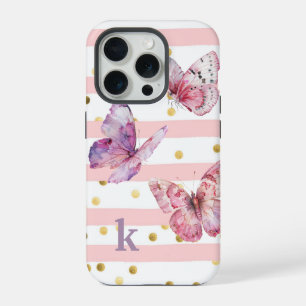 Cute Girl's Pink Stripes Dots and Butterflies iPhone 15 Pro Case