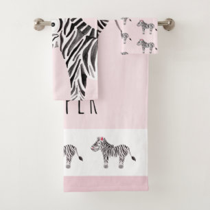 Cute Girl's Pink Watercolor Zebra Safari Baby Kids Bath Towel Set