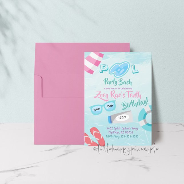 Cute Girls Pool Party Bash Birthday Invitation (Creator Uploaded)