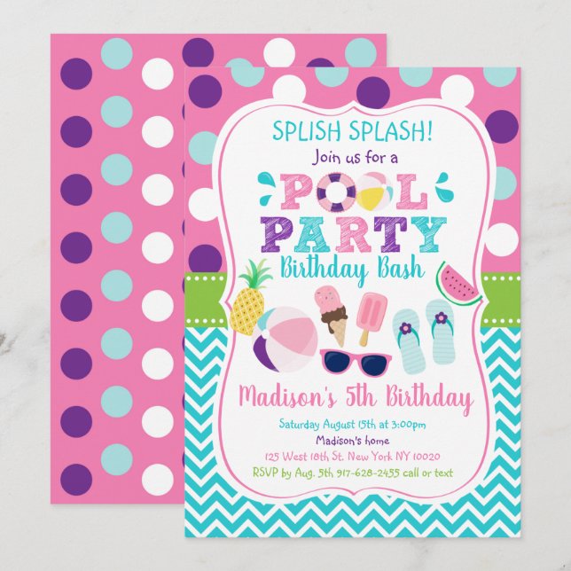 Cute Girls Pool Party Birthday Invitation (Front/Back)