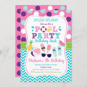 Cute Girls Pool Party Birthday Invitation