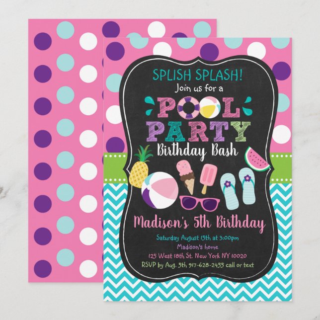 Cute Girls Pool Party Ice Cream Birthday Invitation (Front/Back)