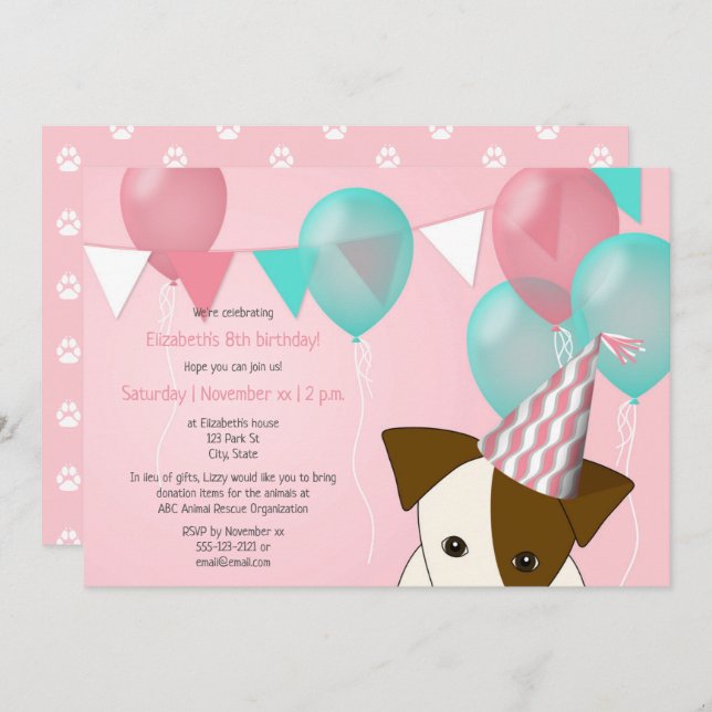 cute girls puppy birthday party pink teal balloons invitation (Front/Back)