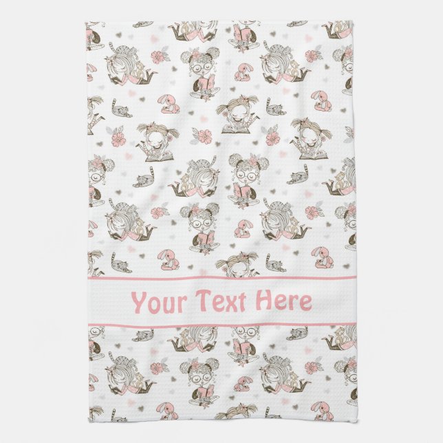 Cute Girls Reading Books Gift Ideas Tea Towel (Vertical)