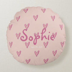 Cute Girls Room Nursery Pink Watercolor Heart Round Cushion