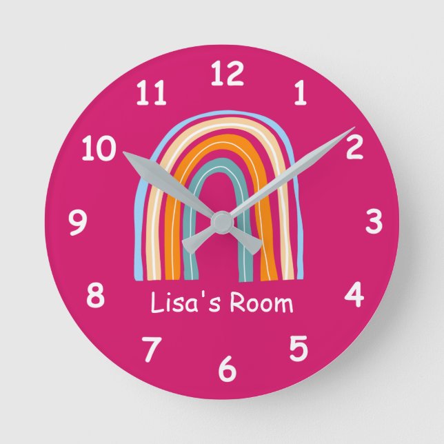 Cute girl's room wall clock with rainbow drawing (Front)