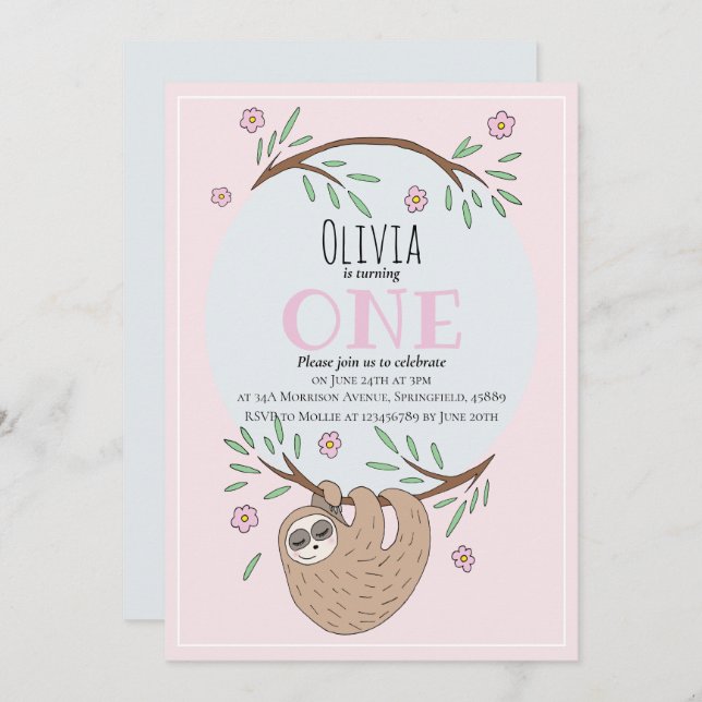 Cute Girls Sleeping Sloth Name 1st Birthday Invitation (Front/Back)