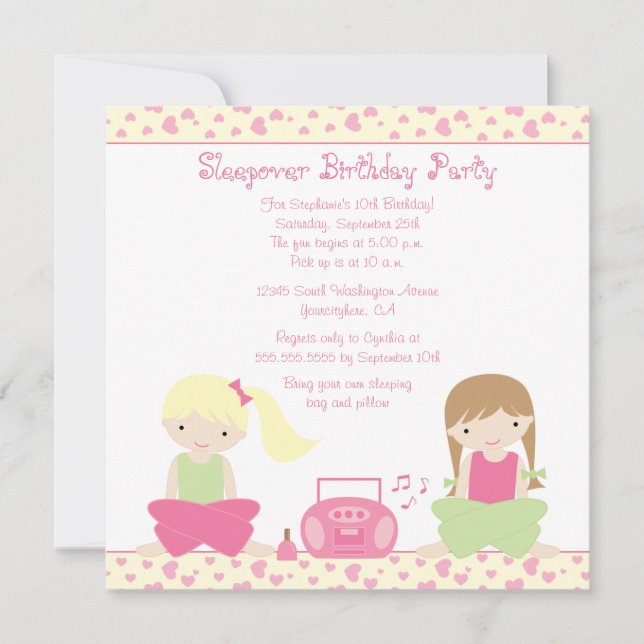Cute girl's sleepover birthday party invitation (Front)