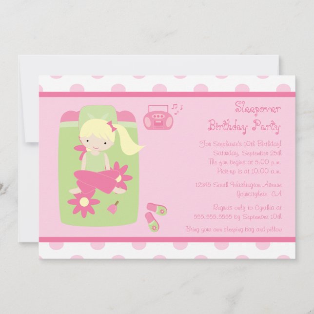 Cute girl's sleepover birthday party invitation (Front)
