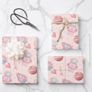 Cute Girls Space Birthday Pink Astronaut Wrapping Paper Sheet