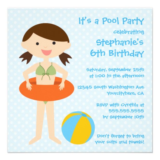 Cute girl's summer pool party birthday invitation 13 cm x 13 cm square ...