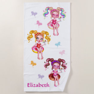 Cute Girls Tubing With Butteries Personalised Beach Towel