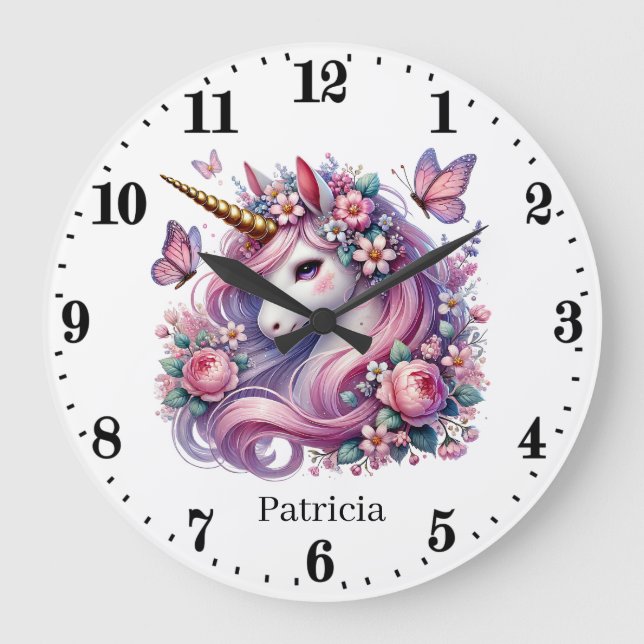 Cute girls unicorn lovers add name large clock (Front)
