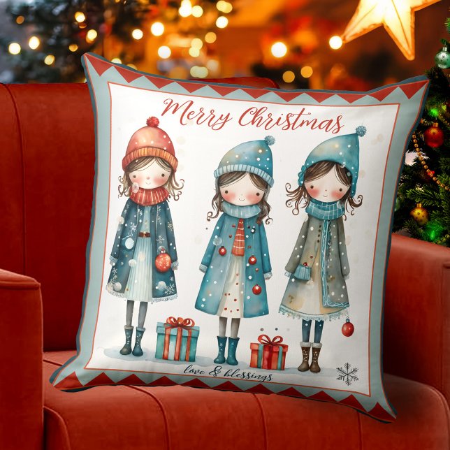 Cute Girls Whimsical Festive Christmas Pillow (Christmas Holidays pillow with a cute whimsical design showing 3 girls bringing gifts and blessings)