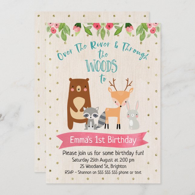 Cute Girls Woodland Animals Birthday Invitation (Front/Back)