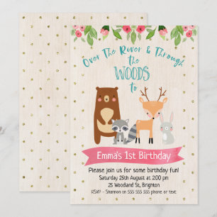 Cute Girls Woodland Animals Birthday Invitation