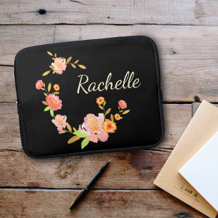 Cute Girly and Modern Black Floral Monogram Name Laptop Sleeve