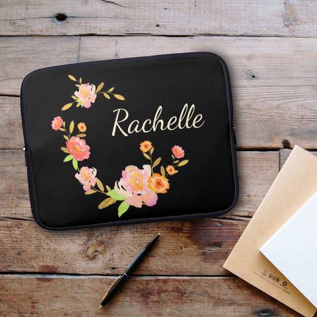 Cute Girly and Modern Black Floral Monogram Name Laptop Sleeve (Creator Uploaded)