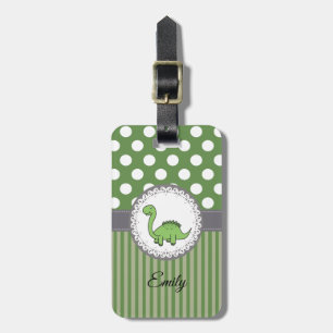 Cute girly baby dinosaur polka dots stripes luggage tag
