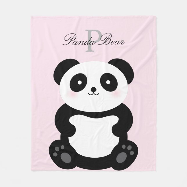 Cute Girly Baby Panda Bear Monogram Fleece Blanket (Front)