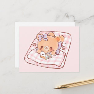 Cute Girly Bear reading Shojo Manga on Cosy Bed Postcard