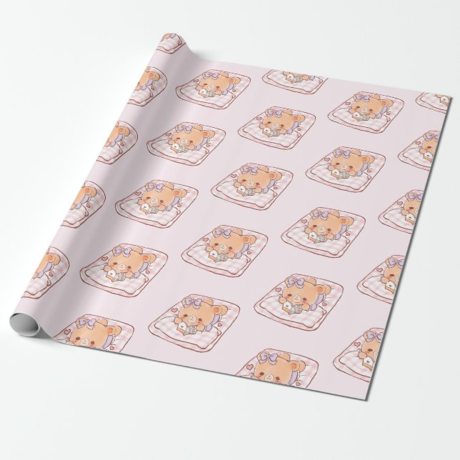 Cute Girly Bear reading Shojo Manga on Cosy Bed  Wrapping Paper (Unrolled)