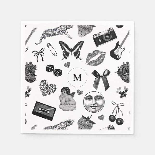 Cute Girly Black Aesthetic Name Monogram Napkin (Front)