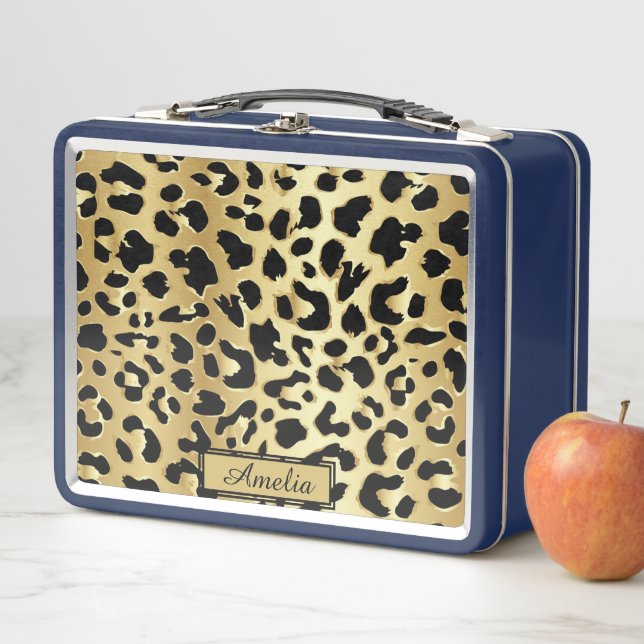 Cute Girly Black & Gold Leopard Print Personalised Metal Lunch Box (In Situ)