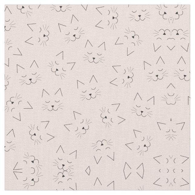 Cute Girly Black Kitty Cat Face Pink Pattern Fabric (Close Up)