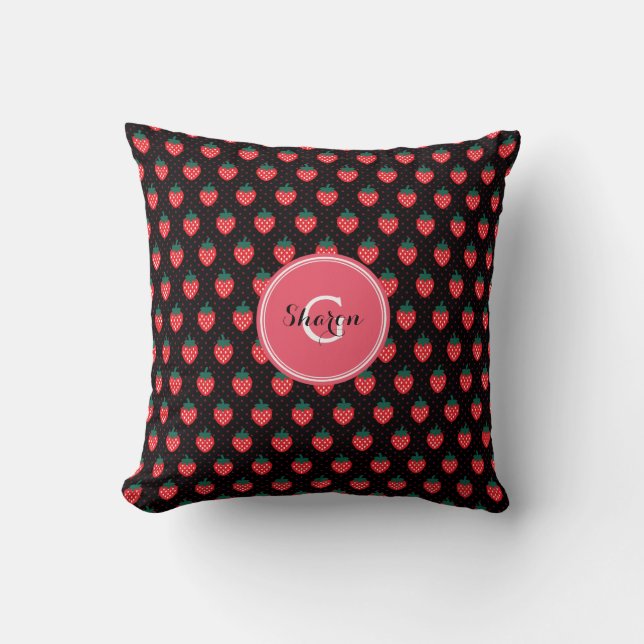 Cute girly black pink strawberry patterns monogram cushion (Front)