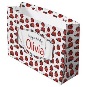 Cute Girly Black Red Watercolor Ladybug Pattern Large Gift Bag